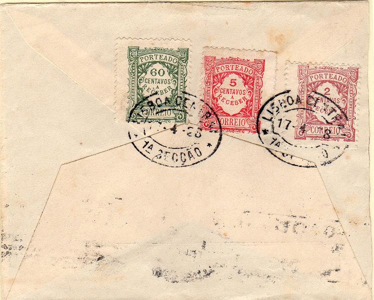 0040 v.jpg -     Lote:    40 (verso)      J. M. Castanheira da Silveira             Descrição:         1915/27 &mdash; Porteado. Emissão regular. Valor em centavos + Emissão regular. Unicolor. Sobrescrito circulado de Cape Town (28.03.28) para Lisboa (17.04.28) com dois selos de 1d. Insuficientemente franquiada foi porteado com o dobro do porte em falta com selos de 2c e 5c CE POR23 e 26 + 60c CE POR41.        Carta       Valor Base:     &euro; 20,00     Valor Venda:     &euro;      